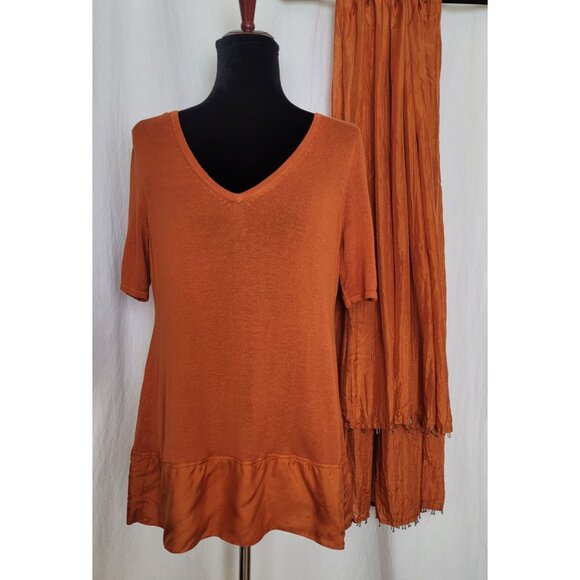 Soft Surroundings Rust Burnt Orange Knit Top W Silk Trim & Silk Scarf Womens PL - Picture 2 of 8